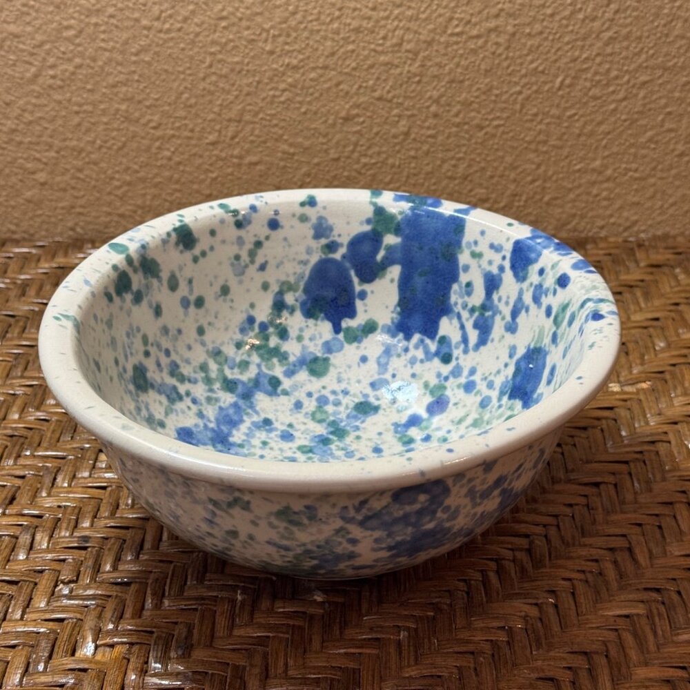 Vintage  Blue & Green Speckled  Sponge Painted Ceramic Bowl 3" Tall/ 7.5" Round